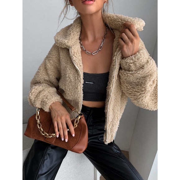 BohoGypsyDreamer.com Jackets & Blazers - Zip Up Drop Shoulder Fleece faux fur fuzzy teddy Jacket tan camel